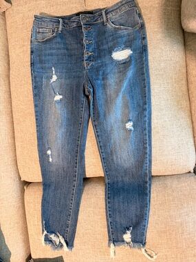 Women's Skinny Distressed Blue Jeans with Button Fly